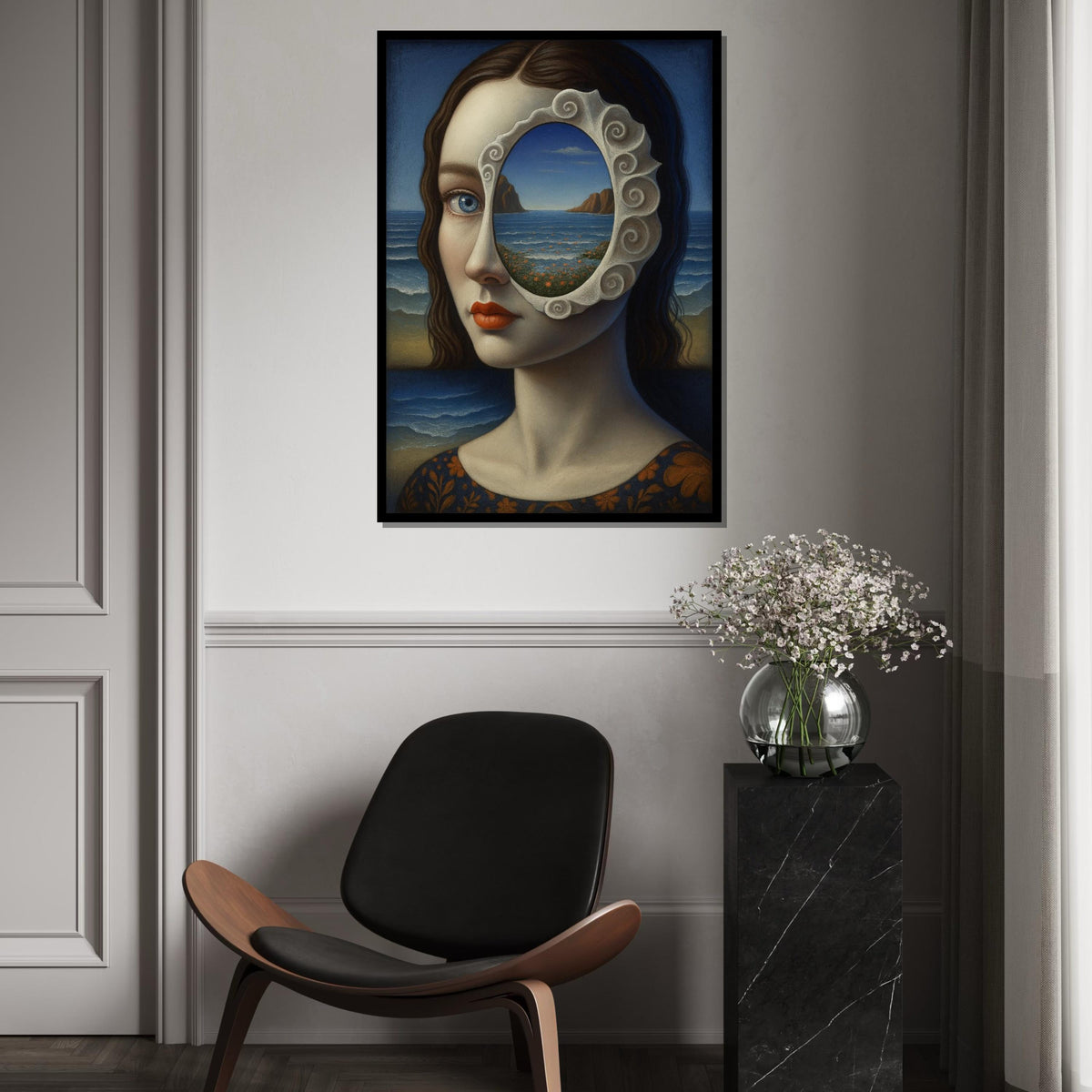 Surreal Visionary Canvas, Sea View Portrait Art, Mystical Woman Wall Art, Unique Canvas Design, Ready To Hang Home Decor
