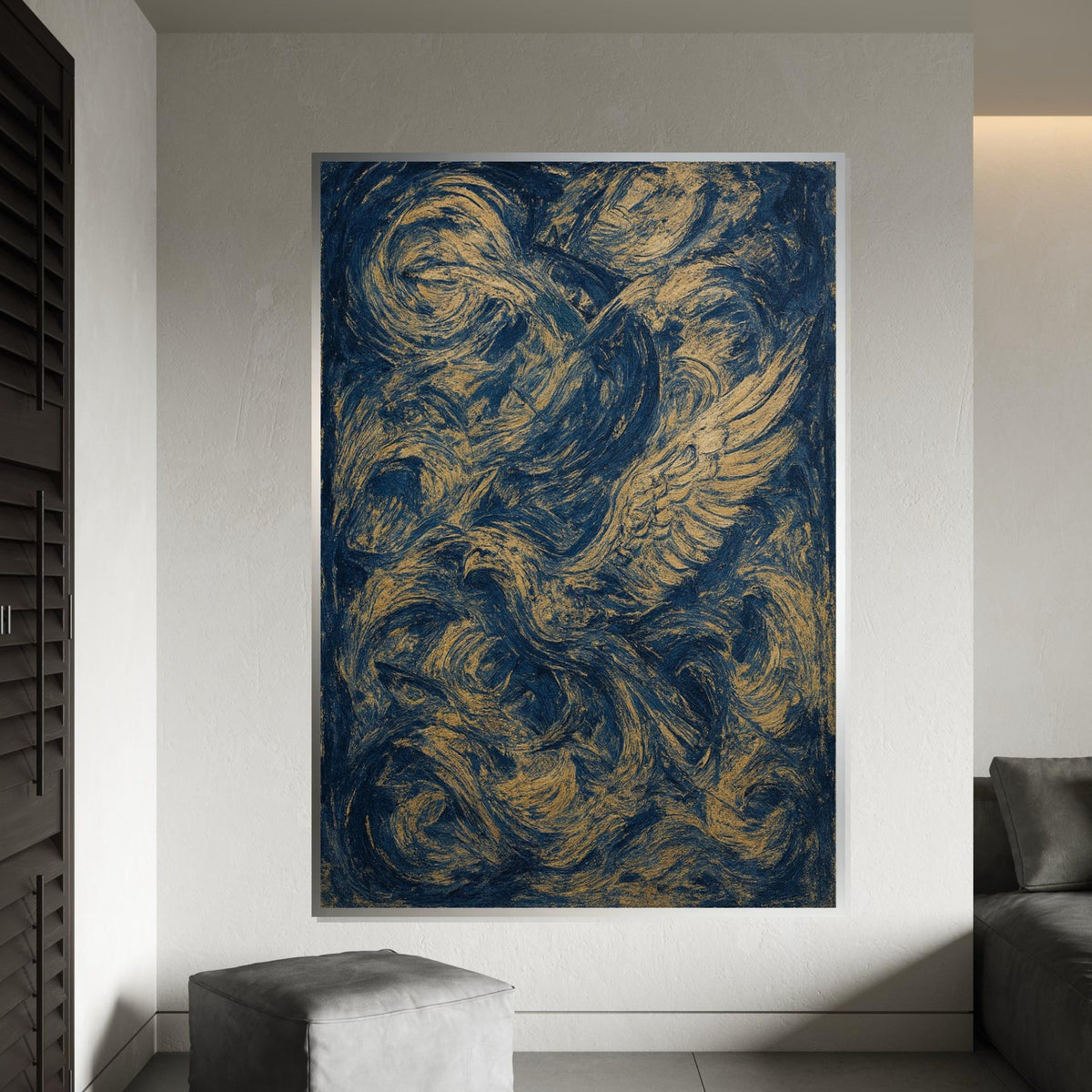 Abstract Phoenix Canvas, Swirling Feathers Wall Art, Blue and Gold Print, Dynamic Motion Poster, Wall Art Canvas, Ready to Hang Decor