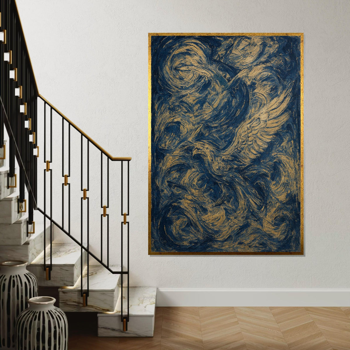 Abstract Phoenix Canvas, Swirling Feathers Wall Art, Blue and Gold Print, Dynamic Motion Poster, Wall Art Canvas, Ready to Hang Decor
