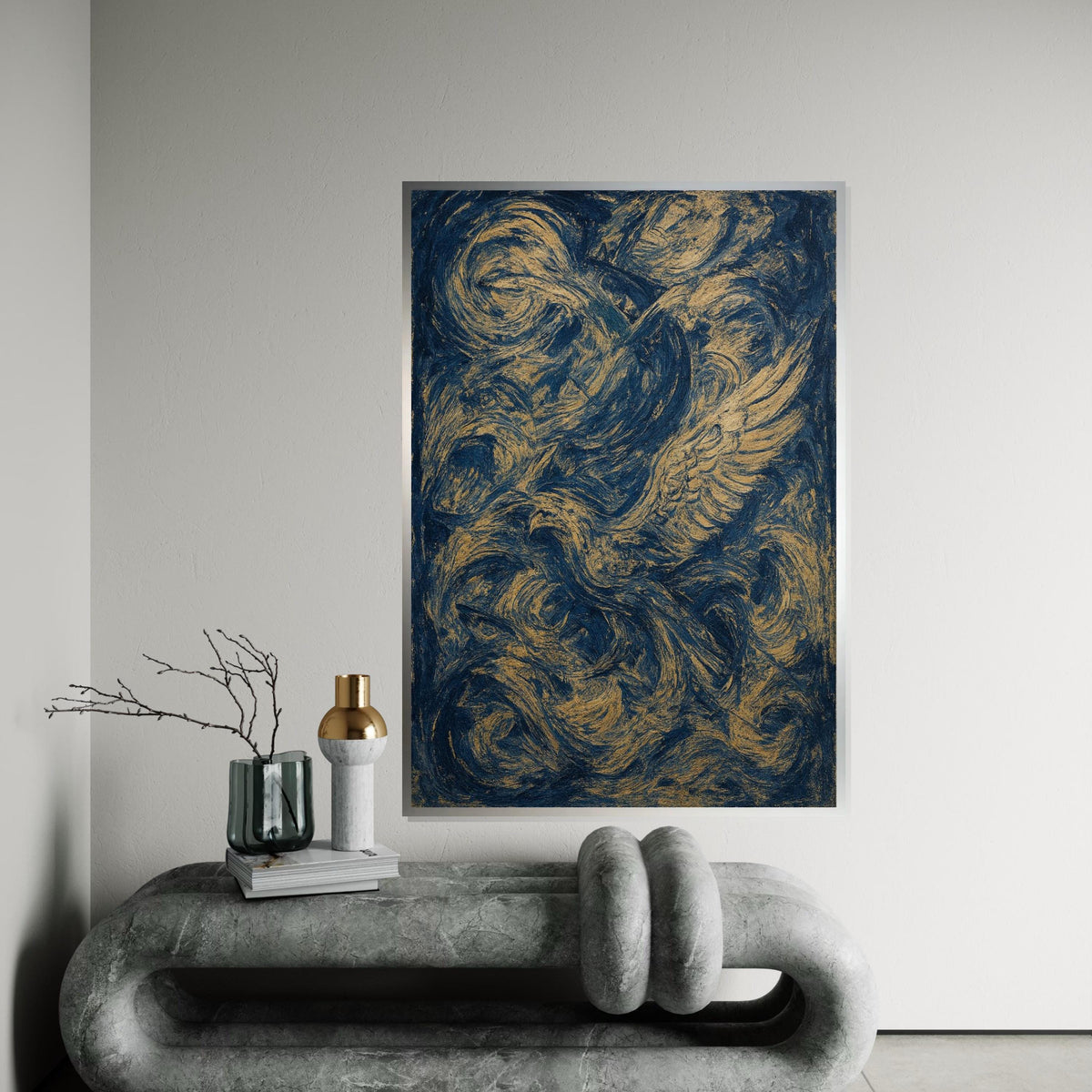 Abstract Phoenix Canvas, Swirling Feathers Wall Art, Blue and Gold Print, Dynamic Motion Poster, Wall Art Canvas, Ready to Hang Decor