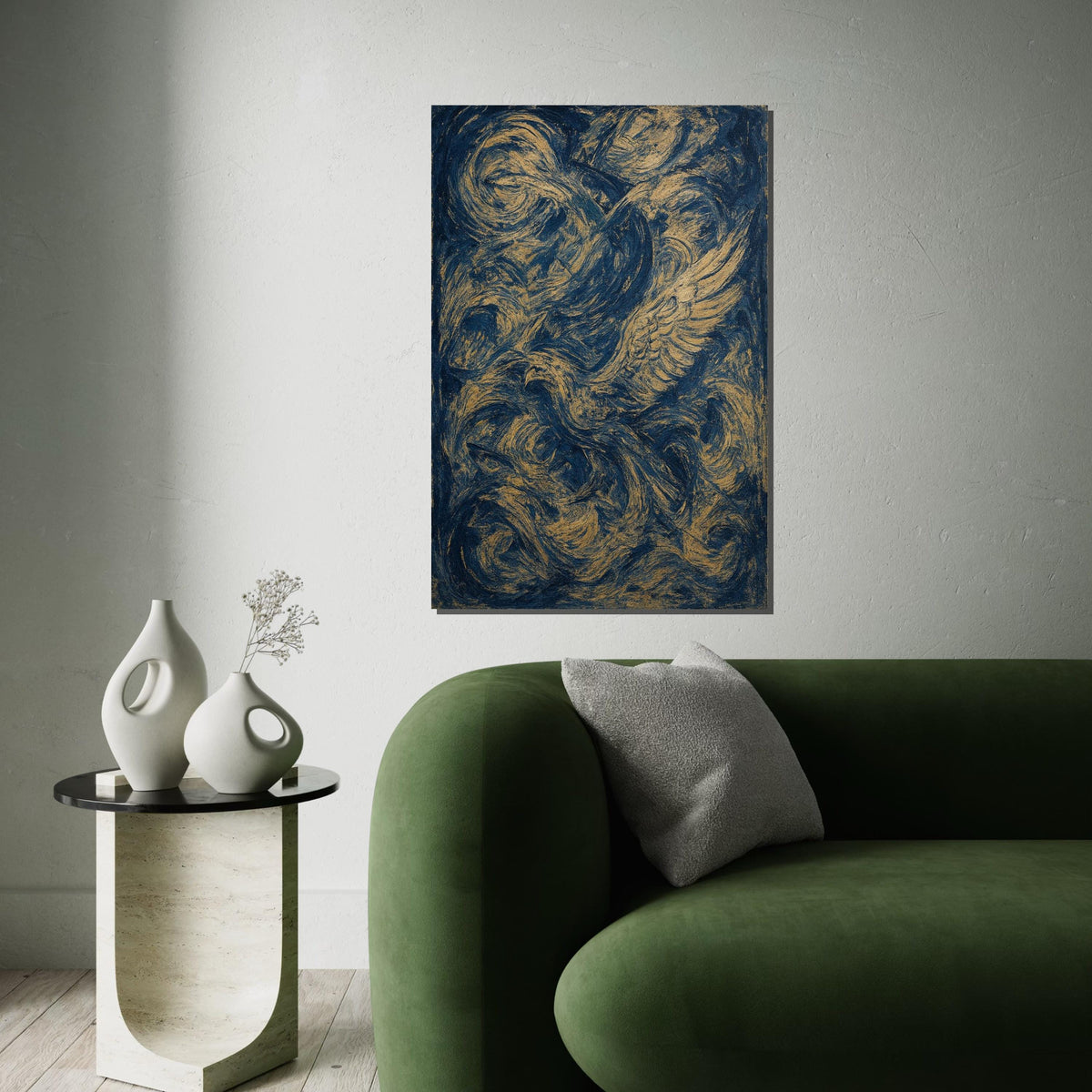 Abstract Phoenix Canvas, Swirling Feathers Wall Art, Blue and Gold Print, Dynamic Motion Poster, Wall Art Canvas, Ready to Hang Decor