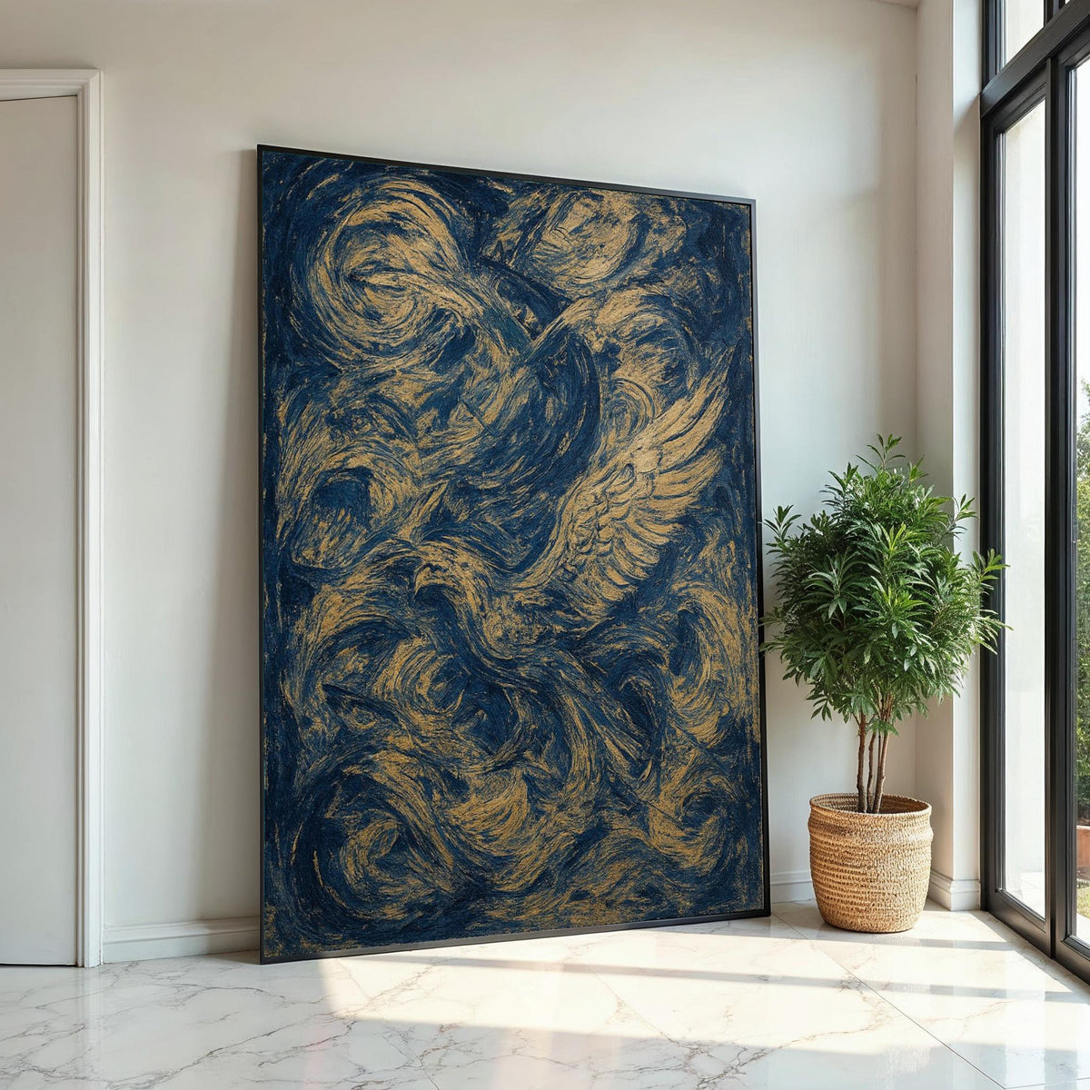 Abstract Phoenix Canvas, Swirling Feathers Wall Art, Blue and Gold Print, Dynamic Motion Poster, Wall Art Canvas, Ready to Hang Decor