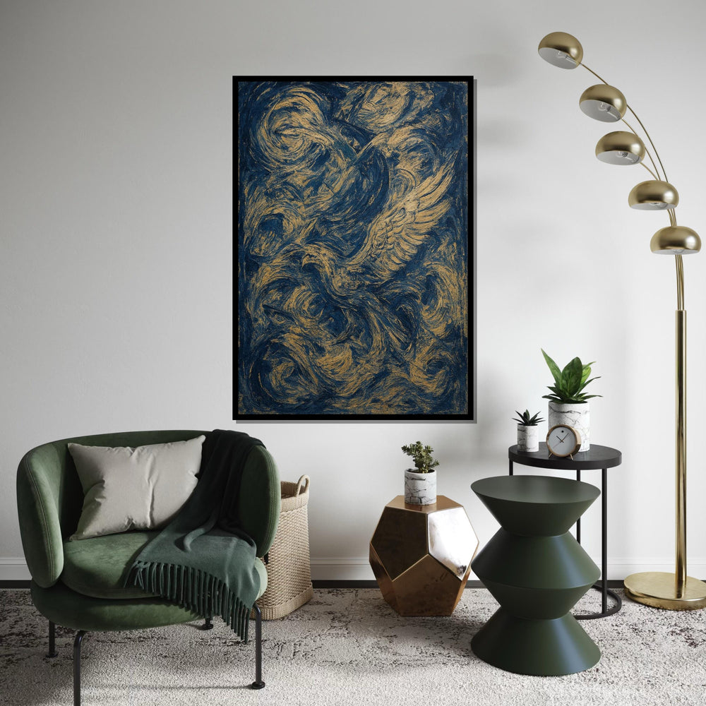 Abstract Phoenix Canvas, Swirling Feathers Wall Art, Blue and Gold Print, Dynamic Motion Poster, Wall Art Canvas, Ready to Hang Decor