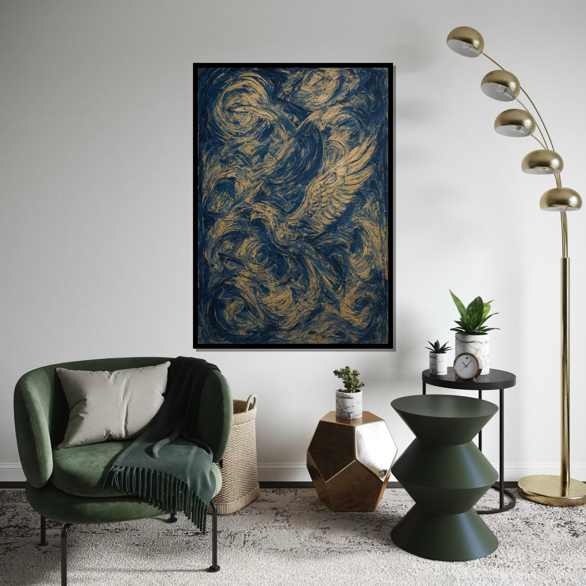 Abstract Phoenix Canvas, Swirling Feathers Wall Art, Blue and Gold Print, Dynamic Motion Poster, Wall Art Canvas, Ready to Hang Decor