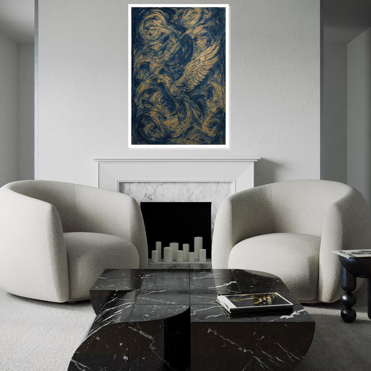 Abstract Phoenix Canvas, Swirling Feathers Wall Art, Blue and Gold Print, Dynamic Motion Poster, Wall Art Canvas, Ready to Hang Decor