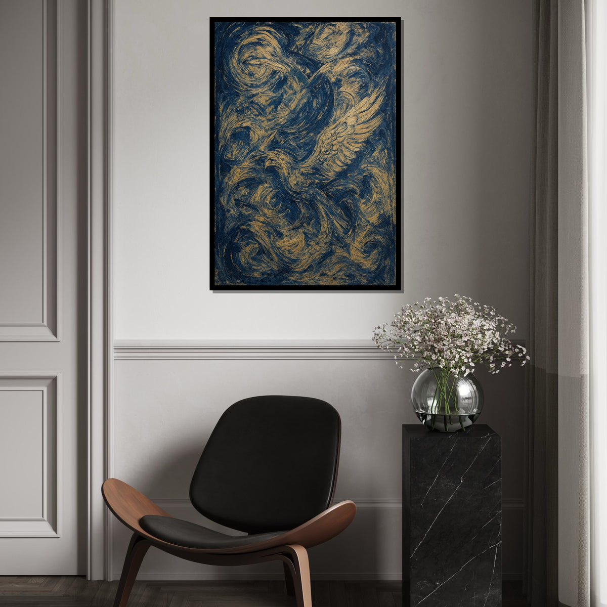 Abstract Phoenix Canvas, Swirling Feathers Wall Art, Blue and Gold Print, Dynamic Motion Poster, Wall Art Canvas, Ready to Hang Decor