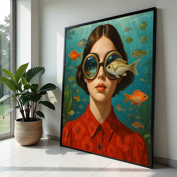 Underwater Vision Girl, Fish Eyed Canvas Art, Surreal Portrait Print, Wall Art Canvas Design, Ready to Hang Decoration