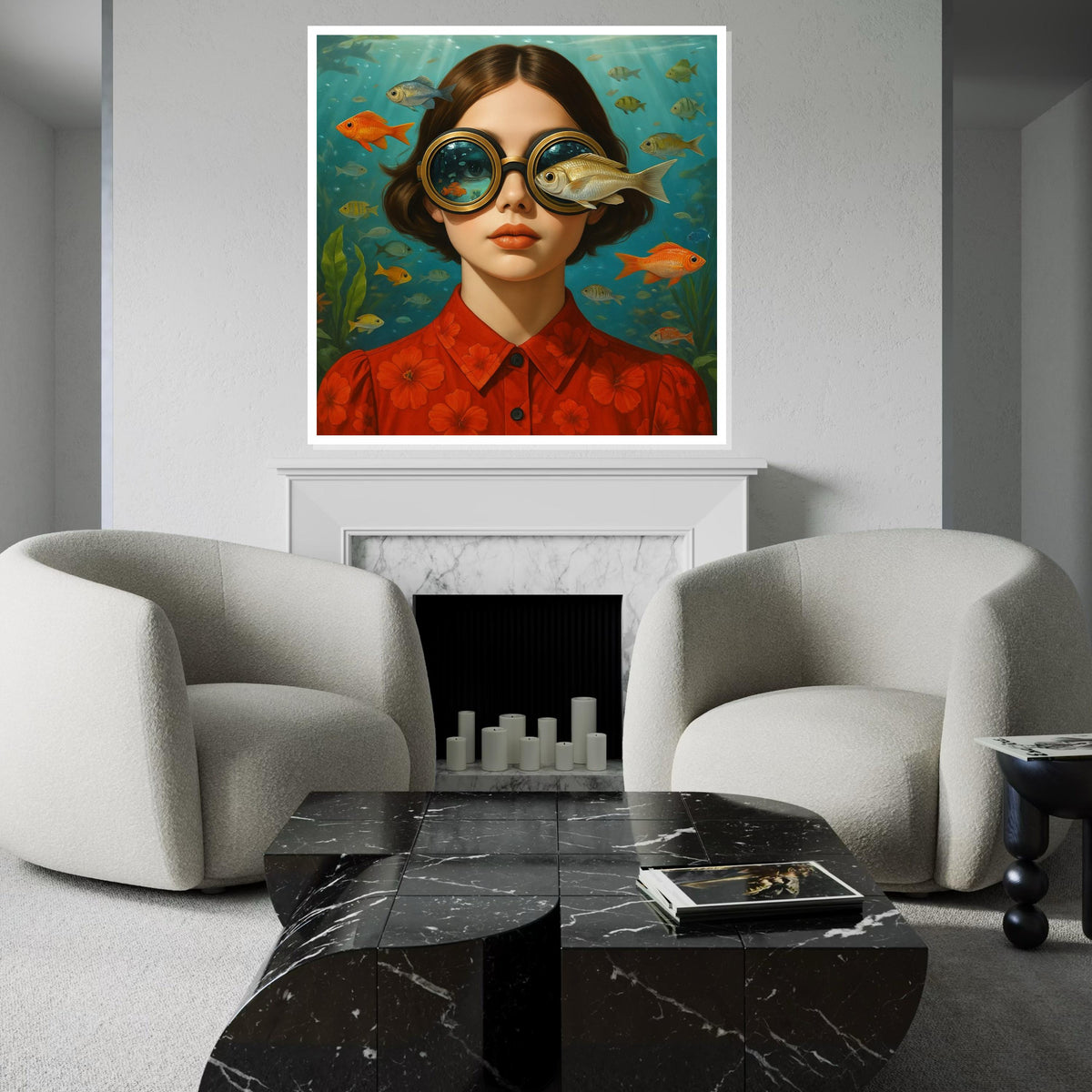 Underwater Vision Girl, Fish Eyed Canvas Art, Surreal Portrait Print, Wall Art Canvas Design, Ready to Hang Decoration