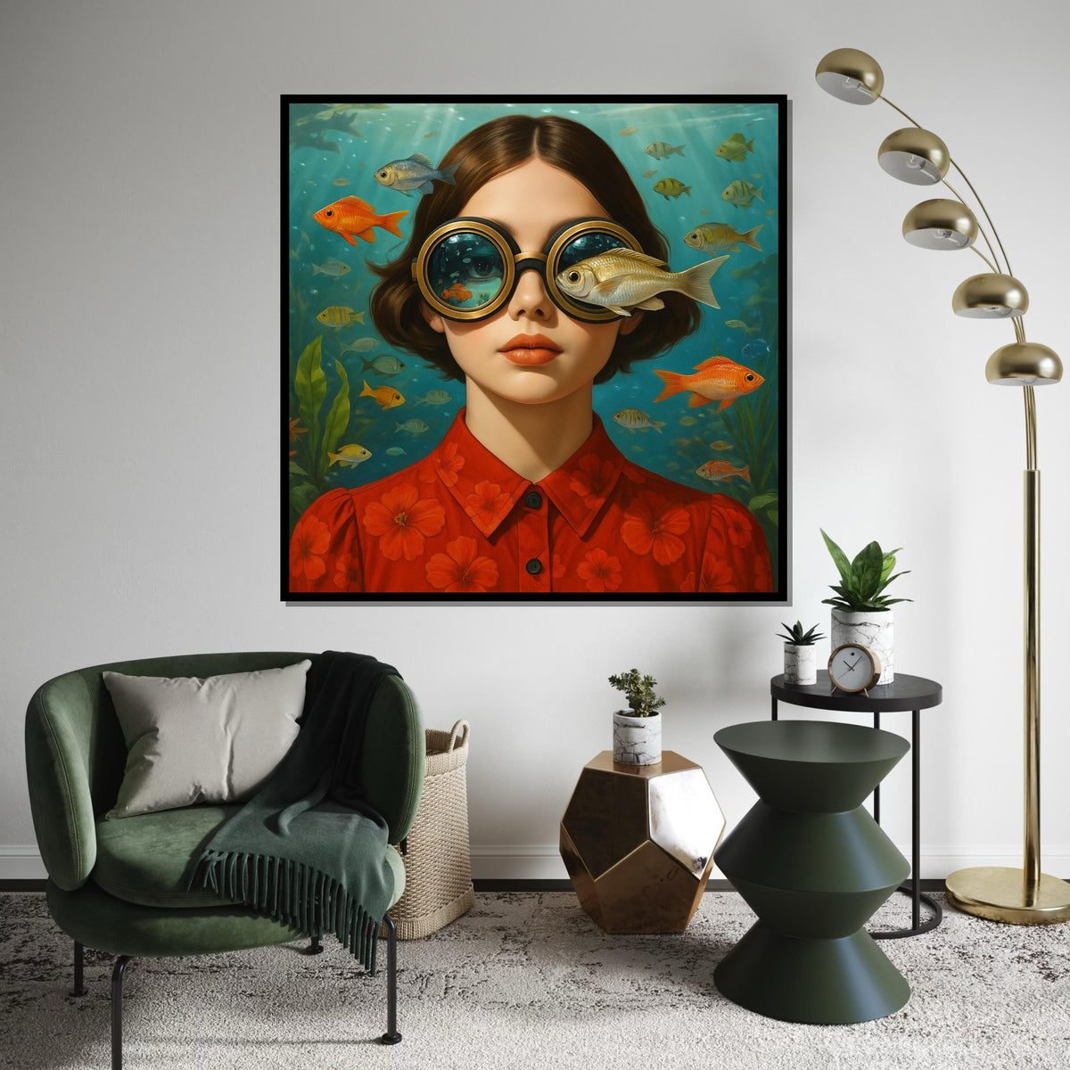 Underwater Vision Girl, Fish Eyed Canvas Art, Surreal Portrait Print, Wall Art Canvas Design, Ready to Hang Decoration