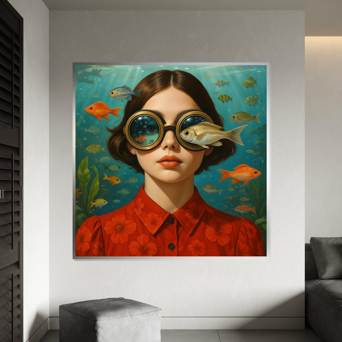 Underwater Vision Girl, Fish Eyed Canvas Art, Surreal Portrait Print, Wall Art Canvas Design, Ready to Hang Decoration