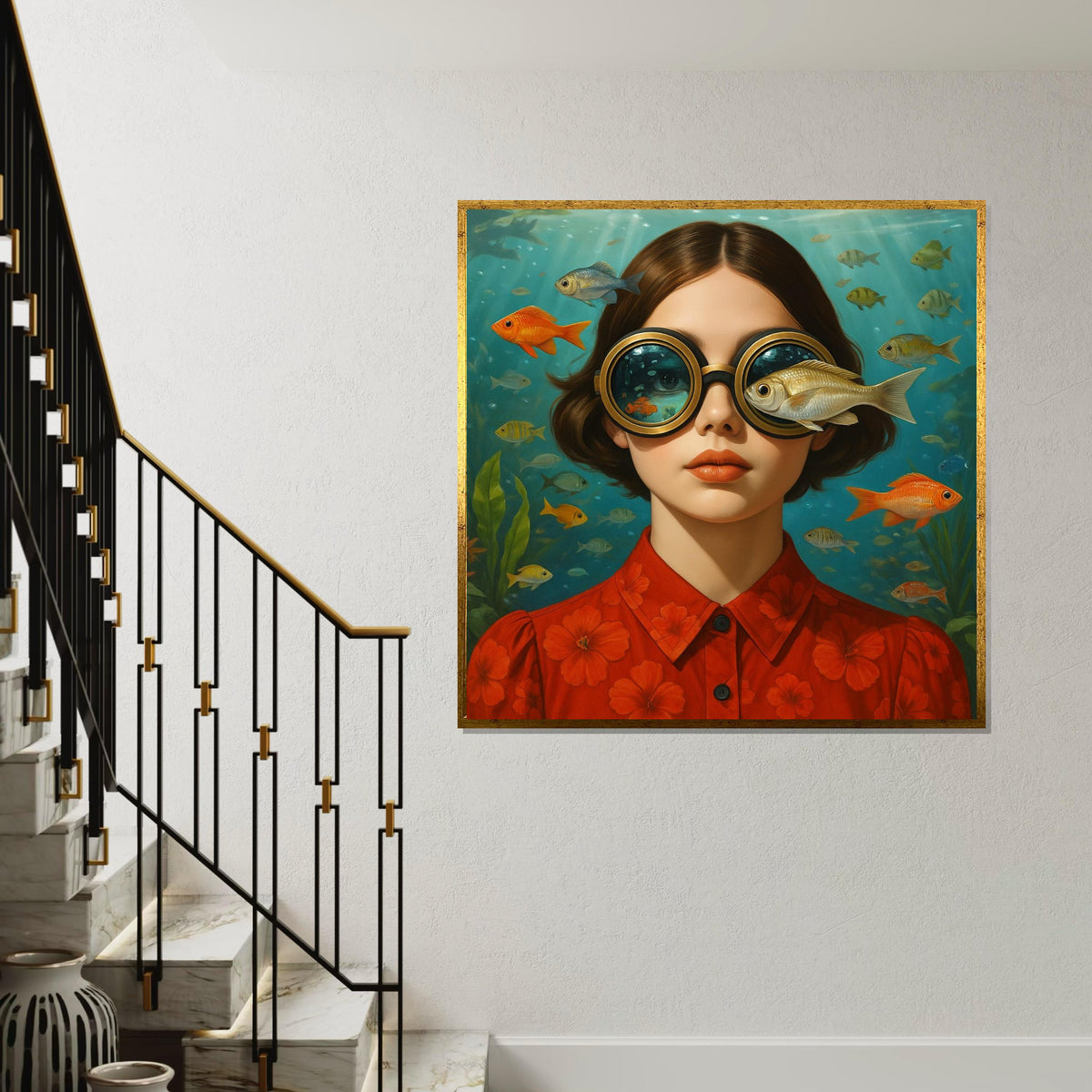 Underwater Vision Girl, Fish Eyed Canvas Art, Surreal Portrait Print, Wall Art Canvas Design, Ready to Hang Decoration