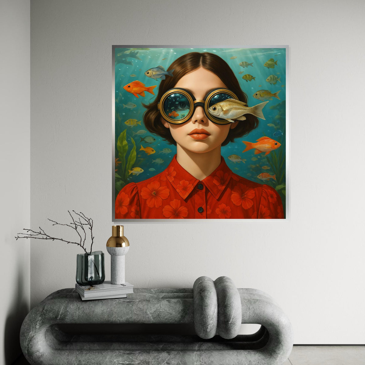 Underwater Vision Girl, Fish Eyed Canvas Art, Surreal Portrait Print, Wall Art Canvas Design, Ready to Hang Decoration