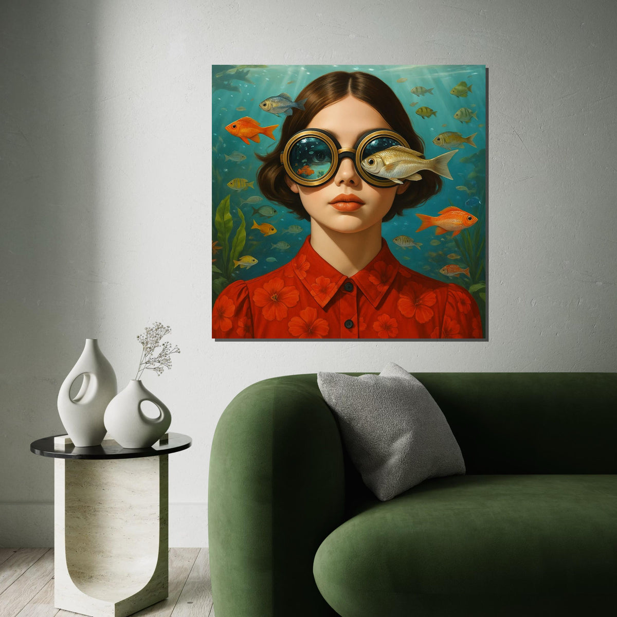 Underwater Vision Girl, Fish Eyed Canvas Art, Surreal Portrait Print, Wall Art Canvas Design, Ready to Hang Decoration