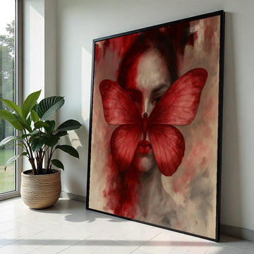 Red Butterfly Woman Canvas Art, Surreal Face Art, Elegant Butterfly Wall Print, Modern Wall Art Canvas, Ready to Hang Decorative Piece