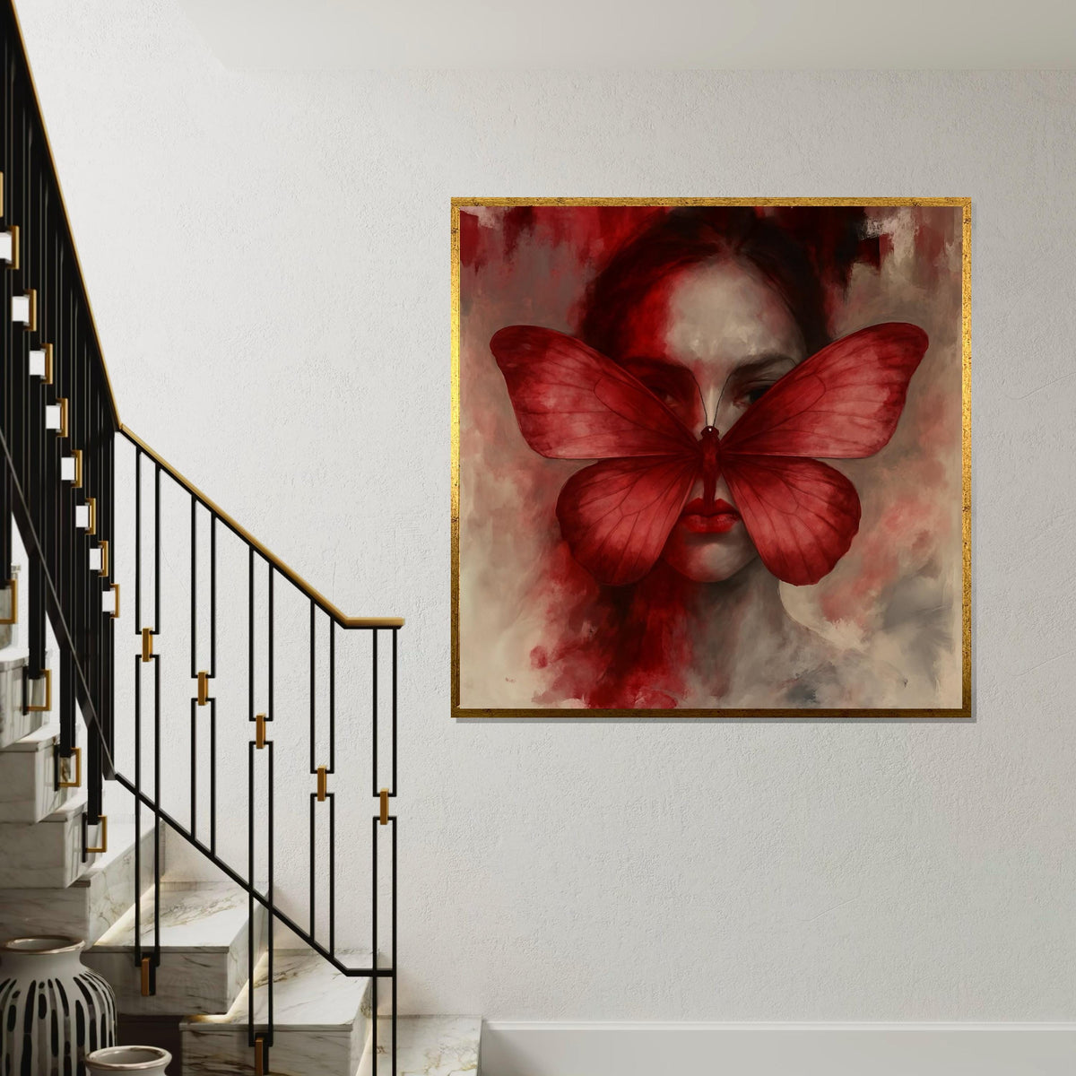 Red Butterfly Woman Canvas Art, Surreal Face Art, Elegant Butterfly Wall Print, Modern Wall Art Canvas, Ready to Hang Decorative Piece
