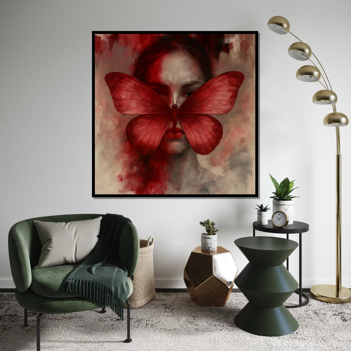 Red Butterfly Woman Canvas Art, Surreal Face Art, Elegant Butterfly Wall Print, Modern Wall Art Canvas, Ready to Hang Decorative Piece