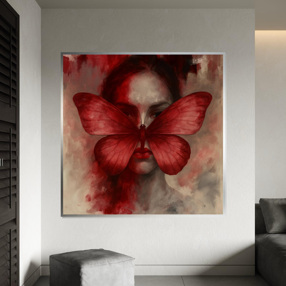 Red Butterfly Woman Canvas Art, Surreal Face Art, Elegant Butterfly Wall Print, Modern Wall Art Canvas, Ready to Hang Decorative Piece