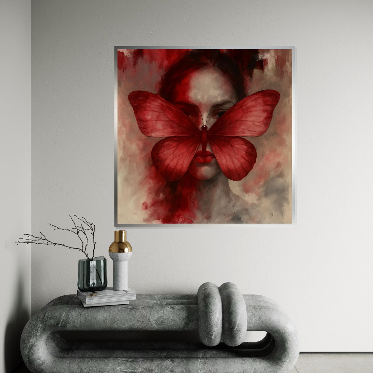 Red Butterfly Woman Canvas Art, Surreal Face Art, Elegant Butterfly Wall Print, Modern Wall Art Canvas, Ready to Hang Decorative Piece