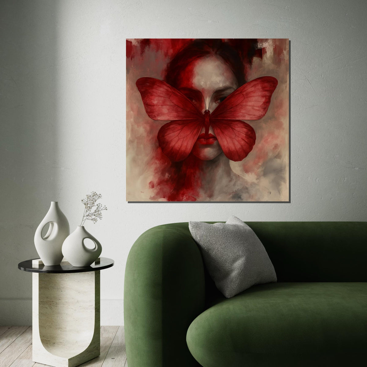 Red Butterfly Woman Canvas Art, Surreal Face Art, Elegant Butterfly Wall Print, Modern Wall Art Canvas, Ready to Hang Decorative Piece