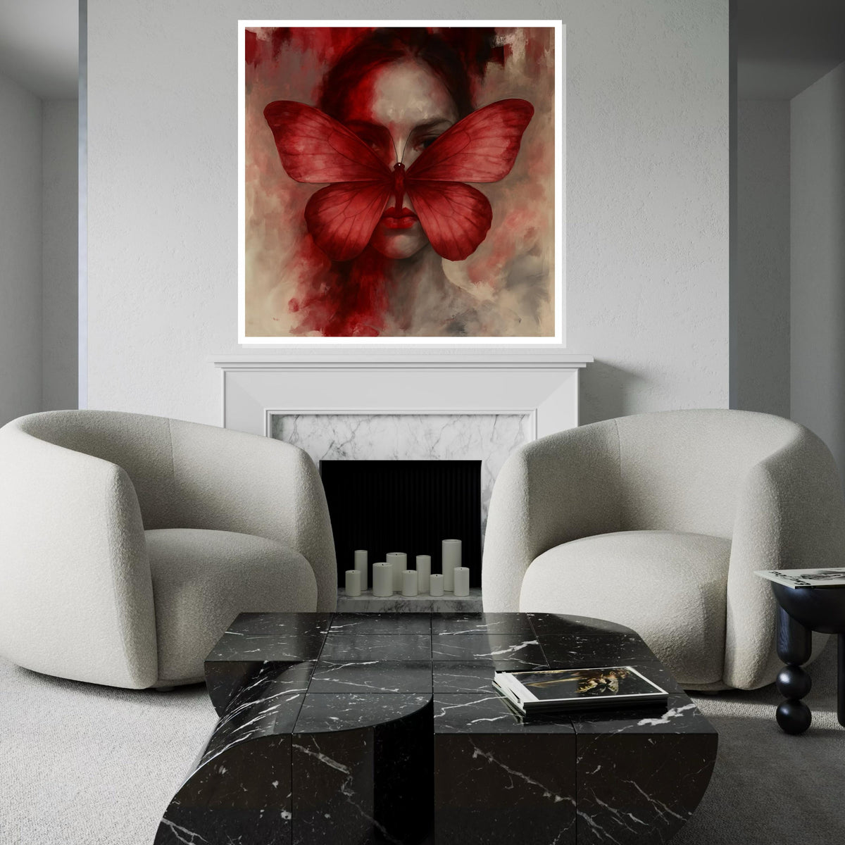 Red Butterfly Woman Canvas Art, Surreal Face Art, Elegant Butterfly Wall Print, Modern Wall Art Canvas, Ready to Hang Decorative Piece