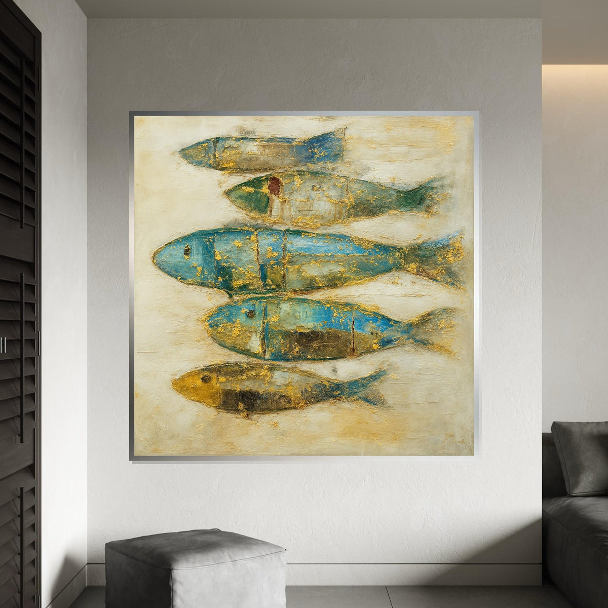 Abstract Fish Canvas, Elegant Fish Art, Gold  Blue Fish Wall Print, Textured Fish Poster, Wall Art Canvas Design, Ready To Hang Decoration