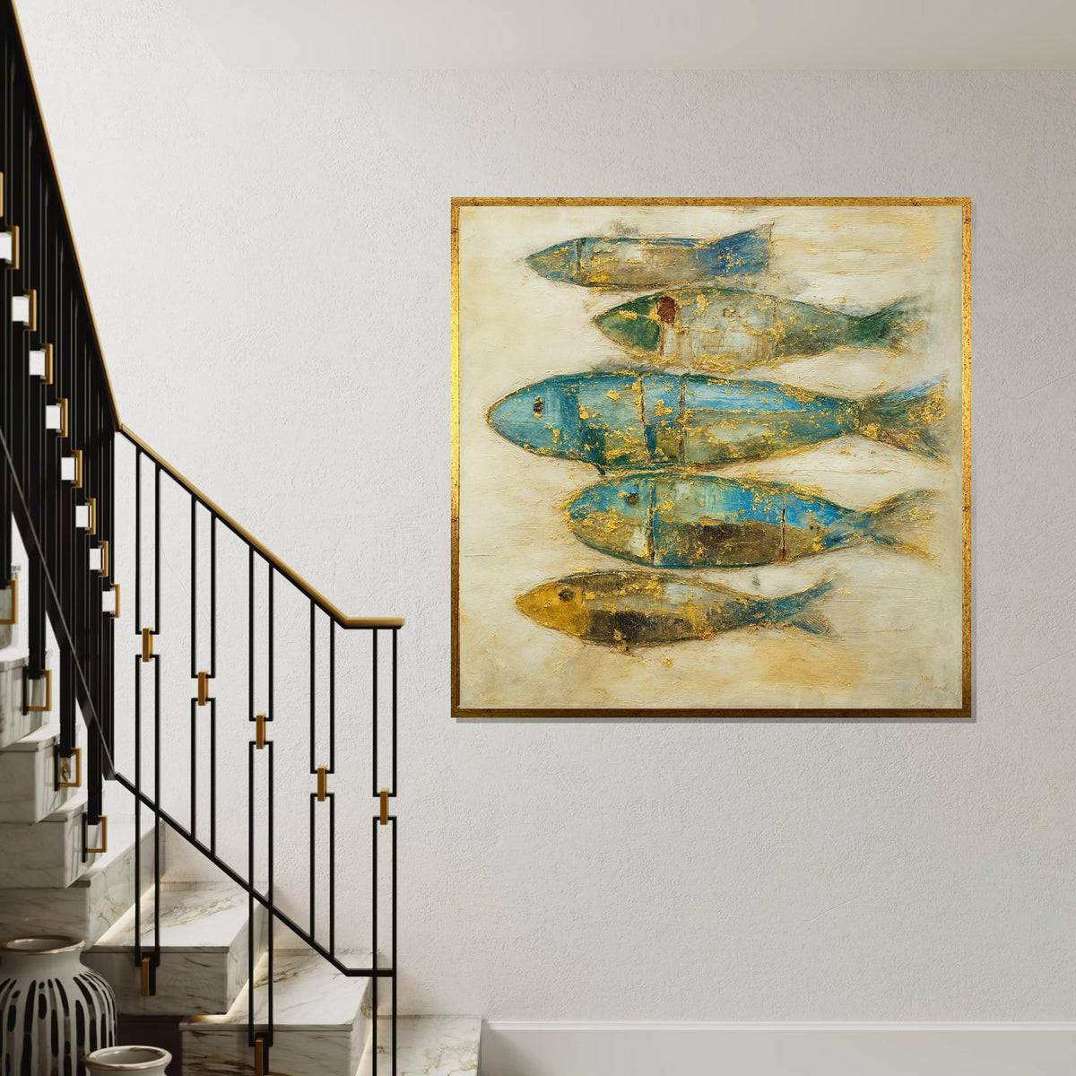 Abstract Fish Canvas, Elegant Fish Art, Gold  Blue Fish Wall Print, Textured Fish Poster, Wall Art Canvas Design, Ready To Hang Decoration