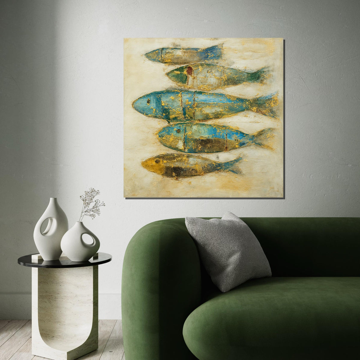 Abstract Fish Canvas, Elegant Fish Art, Gold  Blue Fish Wall Print, Textured Fish Poster, Wall Art Canvas Design, Ready To Hang Decoration