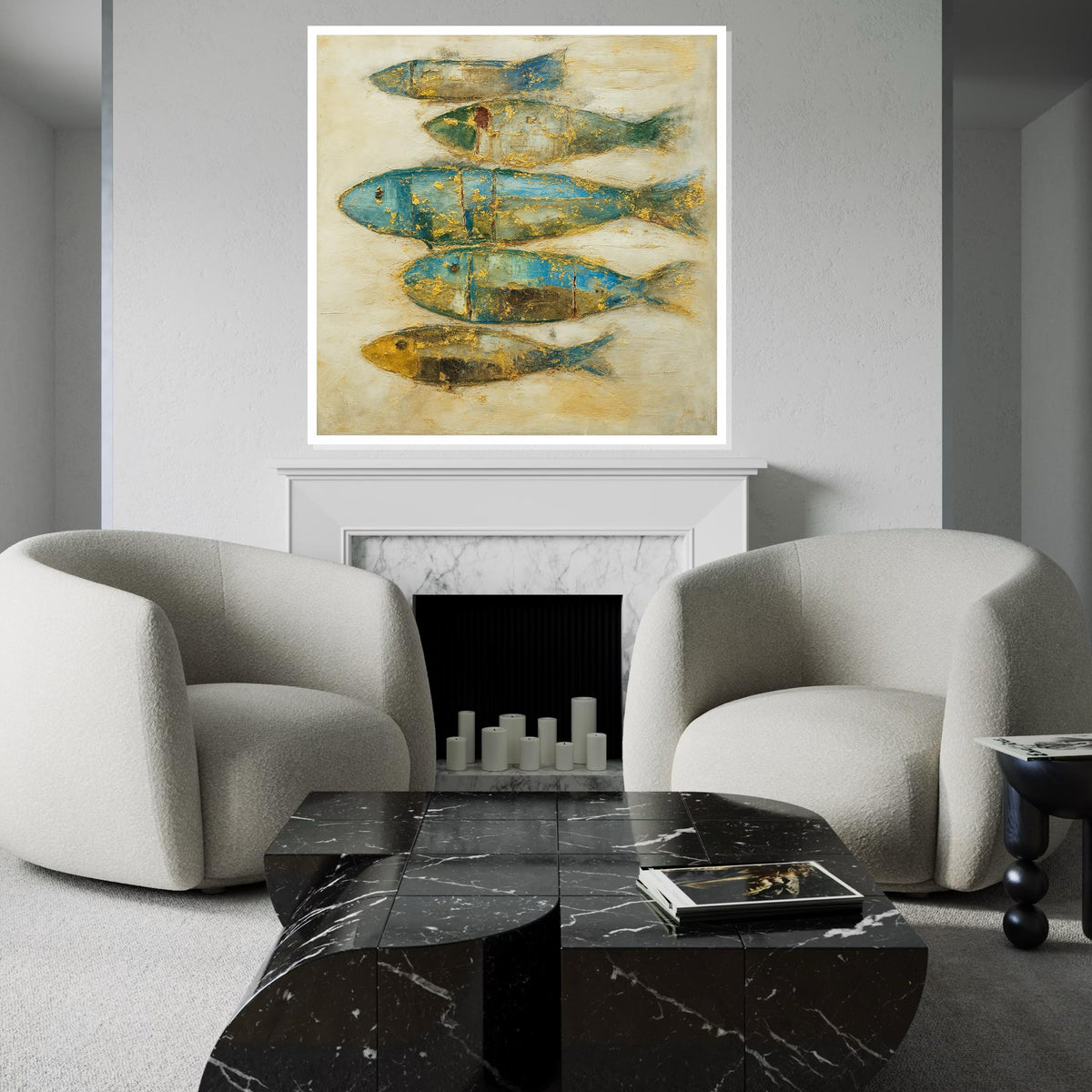 Abstract Fish Canvas, Elegant Fish Art, Gold  Blue Fish Wall Print, Textured Fish Poster, Wall Art Canvas Design, Ready To Hang Decoration