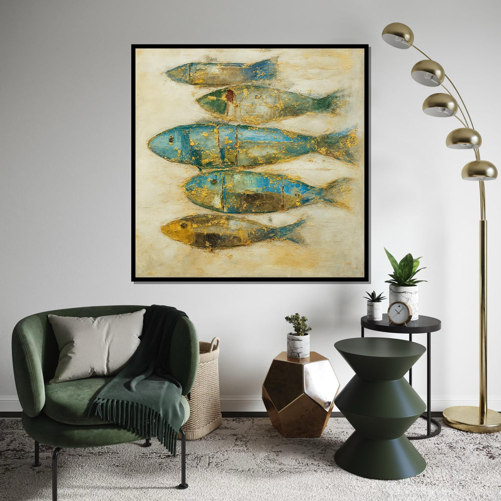 Abstract Fish Canvas, Elegant Fish Art, Gold  Blue Fish Wall Print, Textured Fish Poster, Wall Art Canvas Design, Ready To Hang Decoration