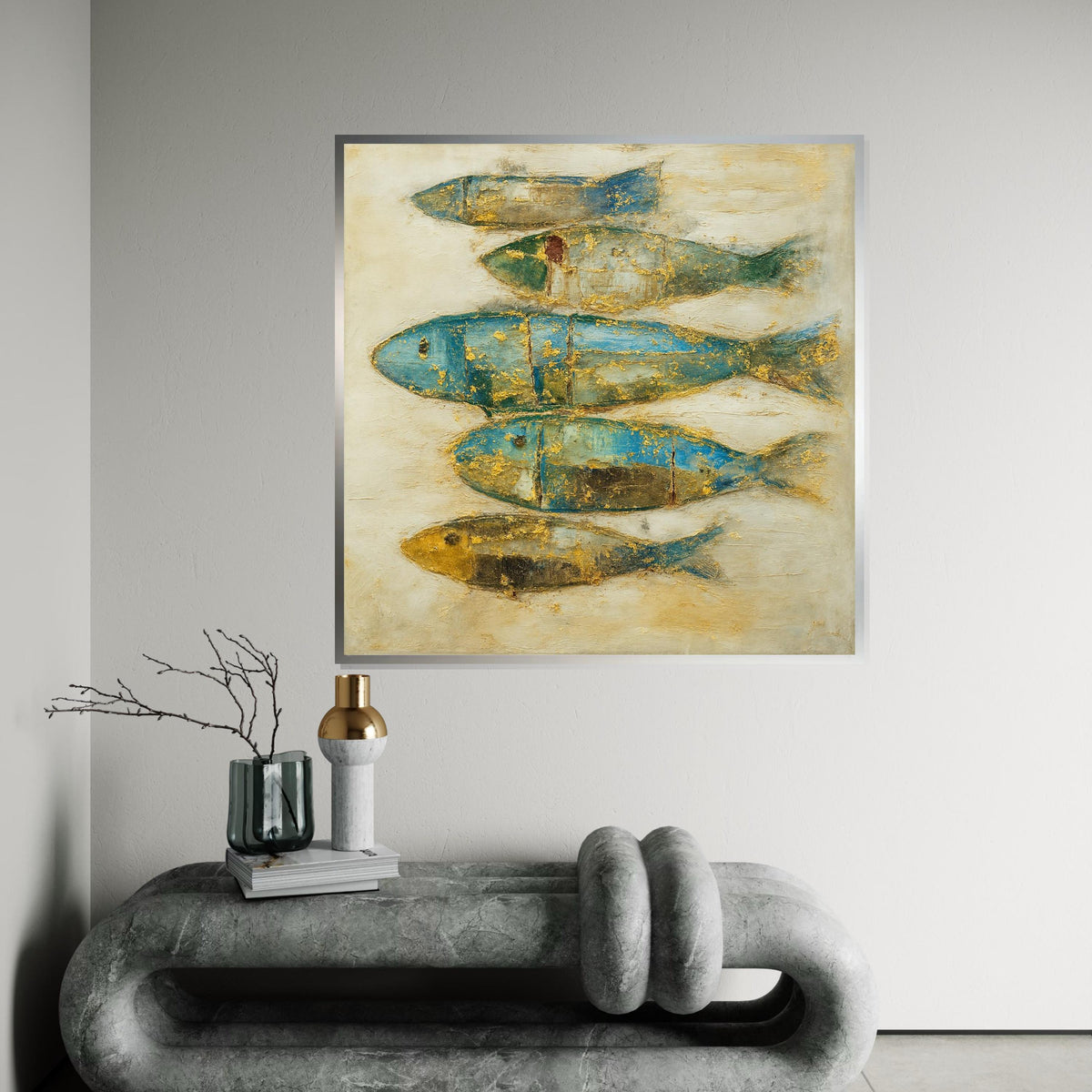 Abstract Fish Canvas, Elegant Fish Art, Gold  Blue Fish Wall Print, Textured Fish Poster, Wall Art Canvas Design, Ready To Hang Decoration