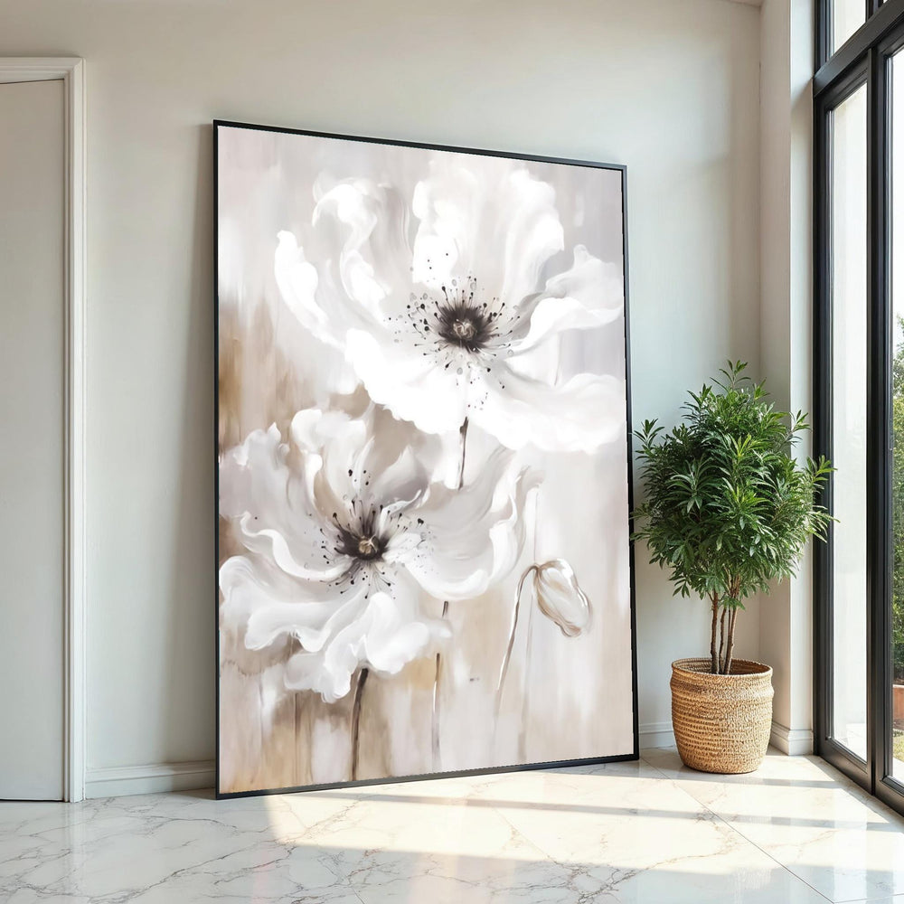 White Floral Canvas, Abstract Flower Wall Art, Elegant Petals Print, Nature Wall Art Canvas Design, Ready To Hang Home Decor