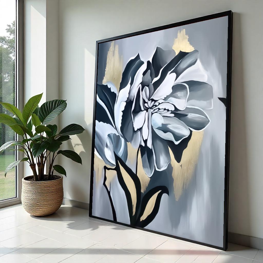 Monochrome Blossom Canvas, Floral Wall Art, Abstract Flower Print, Wall Art Canvas Design, Ready to Hang Decoration, Elegant Décor