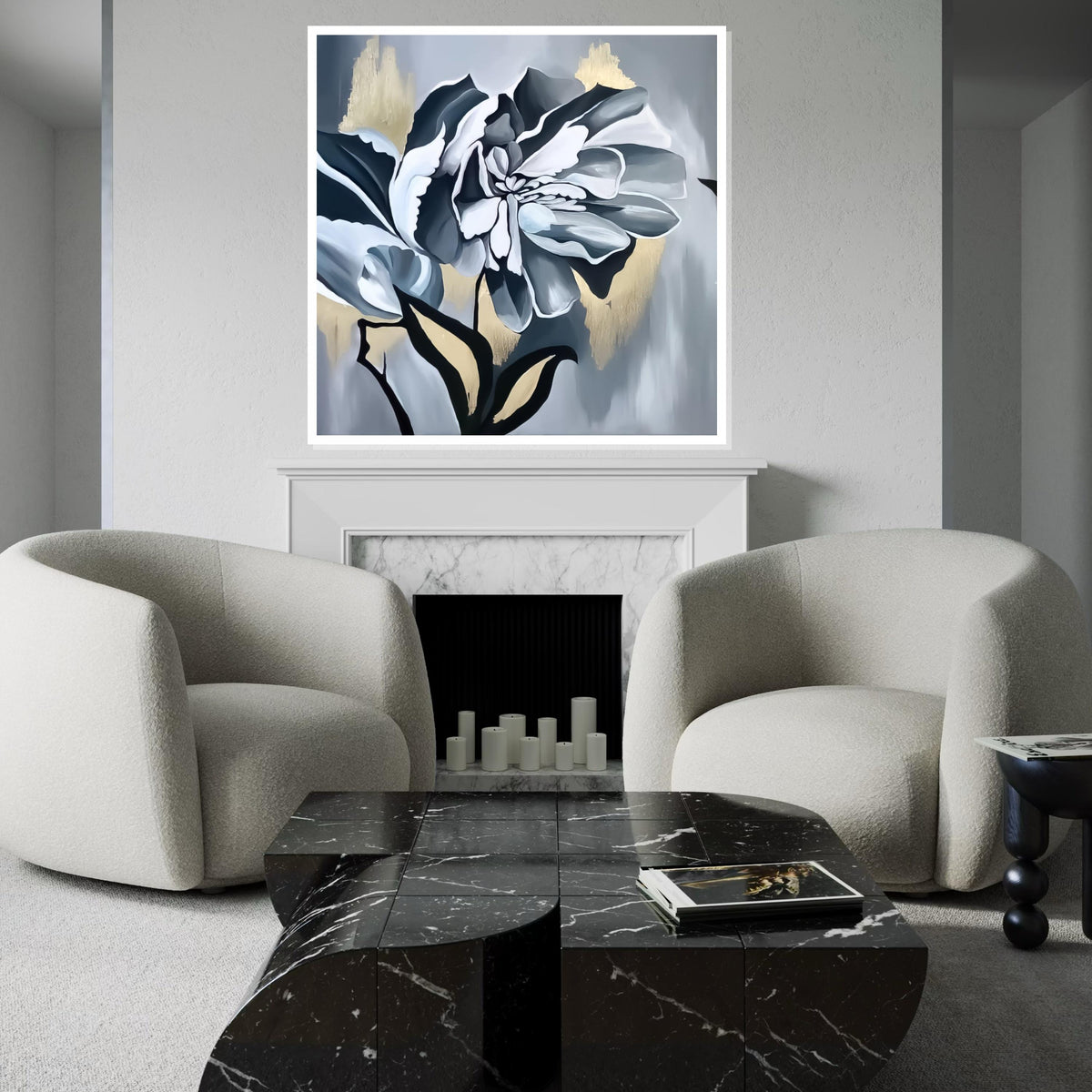 Monochrome Blossom Canvas, Floral Wall Art, Abstract Flower Print, Wall Art Canvas Design, Ready to Hang Decoration, Elegant Décor