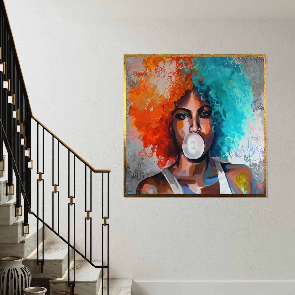 Colorful Afro Bubblegum, Multicolor Hair Art, Modern Pop Art, Wall Art Canvas Design, Vibrant Portrait, Ready to Hang Decoration