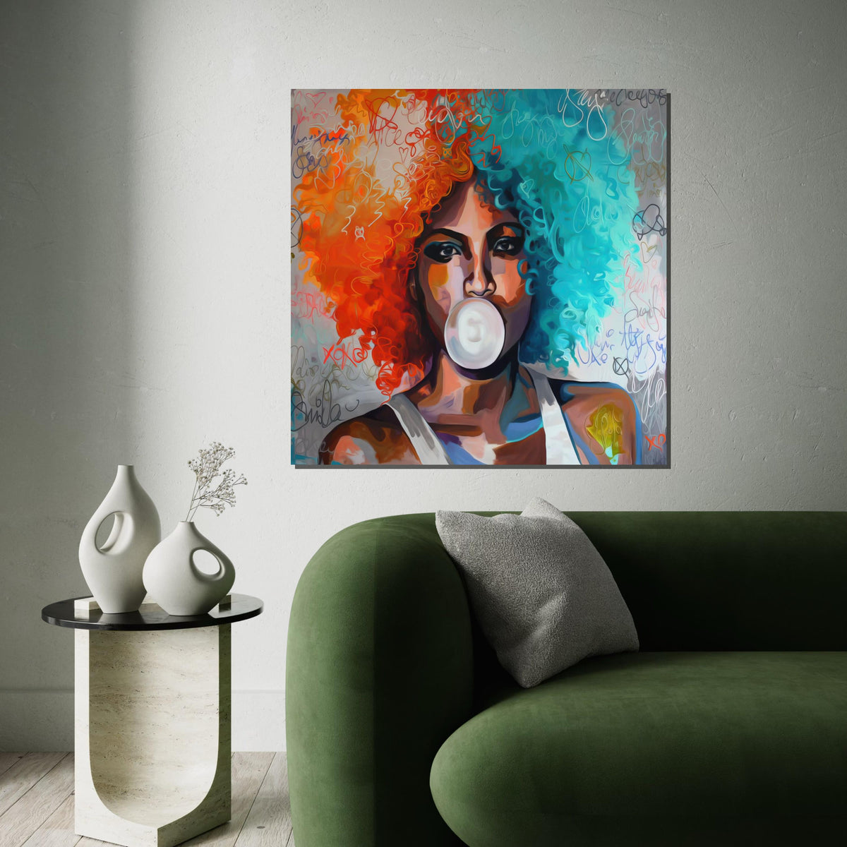 Colorful Afro Bubblegum, Multicolor Hair Art, Modern Pop Art, Wall Art Canvas Design, Vibrant Portrait, Ready to Hang Decoration