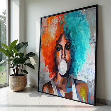 Colorful Afro Bubblegum, Multicolor Hair Art, Modern Pop Art, Wall Art Canvas Design, Vibrant Portrait, Ready to Hang Decoration