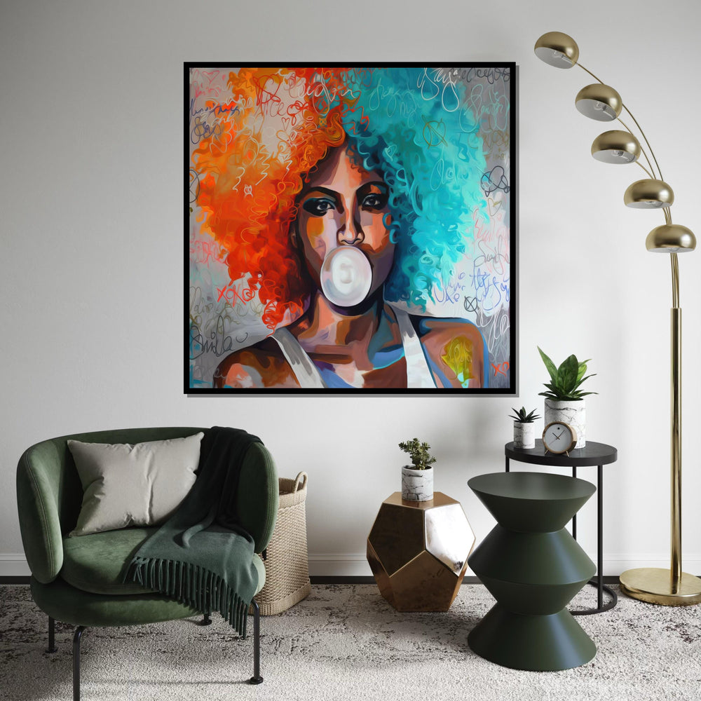 Colorful Afro Bubblegum, Multicolor Hair Art, Modern Pop Art, Wall Art Canvas Design, Vibrant Portrait, Ready to Hang Decoration