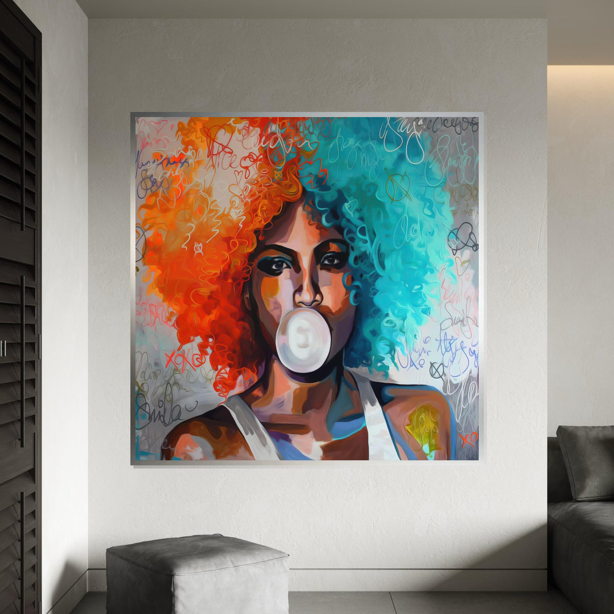 Colorful Afro Bubblegum, Multicolor Hair Art, Modern Pop Art, Wall Art Canvas Design, Vibrant Portrait, Ready to Hang Decoration