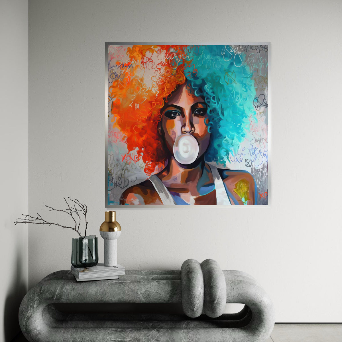Colorful Afro Bubblegum, Multicolor Hair Art, Modern Pop Art, Wall Art Canvas Design, Vibrant Portrait, Ready to Hang Decoration