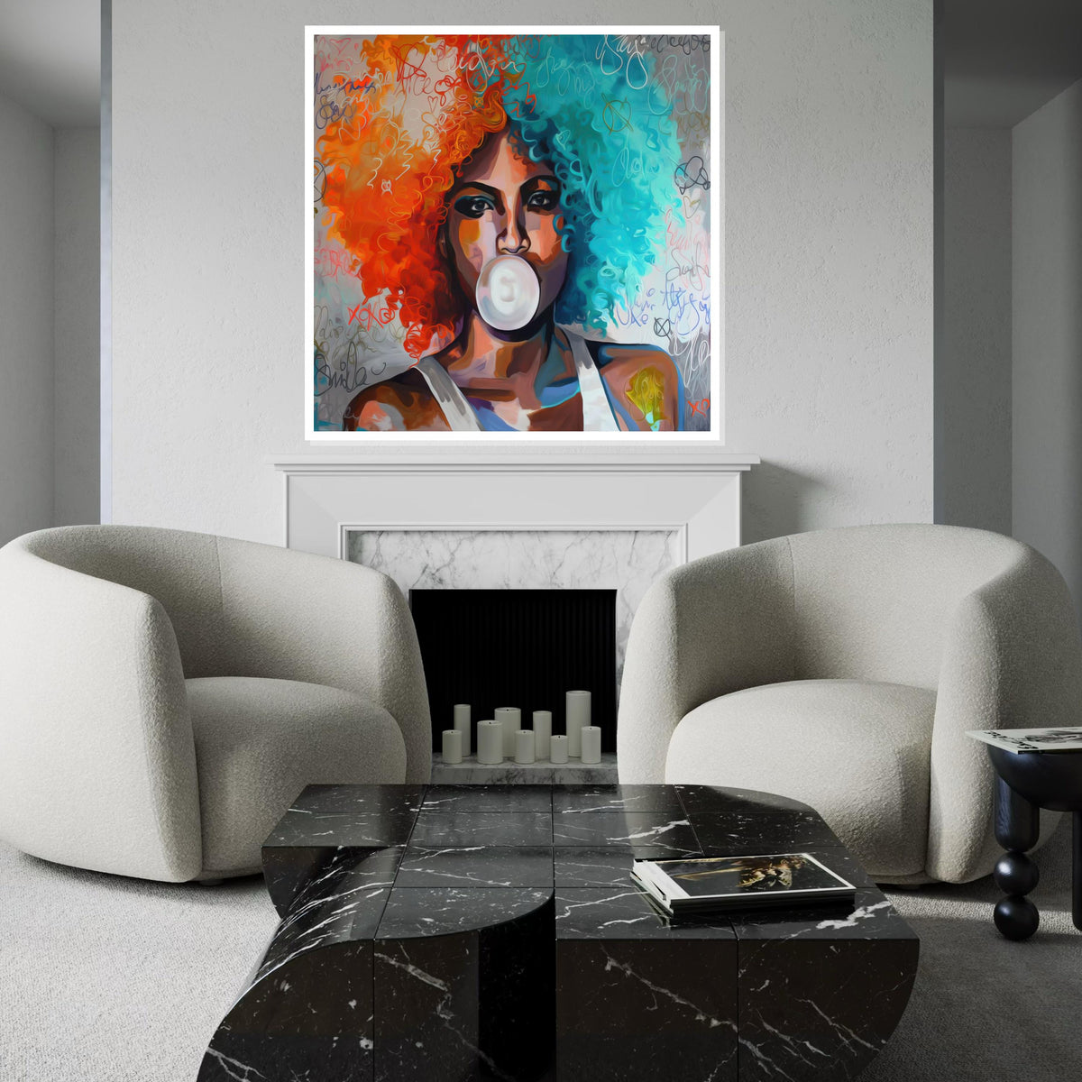 Colorful Afro Bubblegum, Multicolor Hair Art, Modern Pop Art, Wall Art Canvas Design, Vibrant Portrait, Ready to Hang Decoration