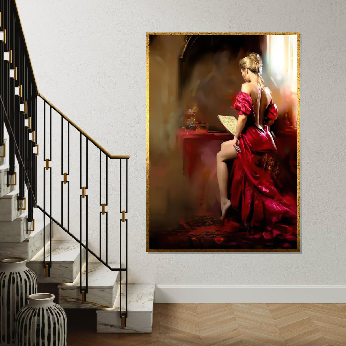 Elegant Lady in Red Canvas, Woman Reading Art, Glamorous Wall Art Canvas Design, Ready to Hang, Vintage Style Home Decor