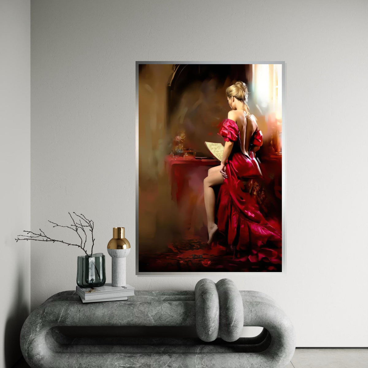 Elegant Lady in Red Canvas, Woman Reading Art, Glamorous Wall Art Canvas Design, Ready to Hang, Vintage Style Home Decor