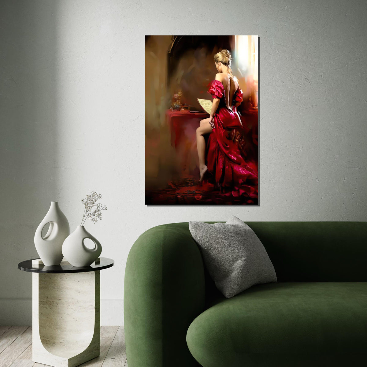 Elegant Lady in Red Canvas, Woman Reading Art, Glamorous Wall Art Canvas Design, Ready to Hang, Vintage Style Home Decor