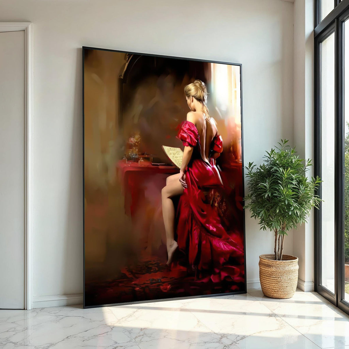 Elegant Lady in Red Canvas, Woman Reading Art, Glamorous Wall Art Canvas Design, Ready to Hang, Vintage Style Home Decor