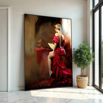 Elegant Lady in Red Canvas, Woman Reading Art, Glamorous Wall Art Canvas Design, Ready to Hang, Vintage Style Home Decor