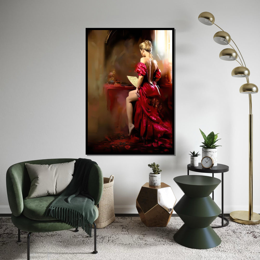 Elegant Lady in Red Canvas, Woman Reading Art, Glamorous Wall Art Canvas Design, Ready to Hang, Vintage Style Home Decor, Print Wall Art