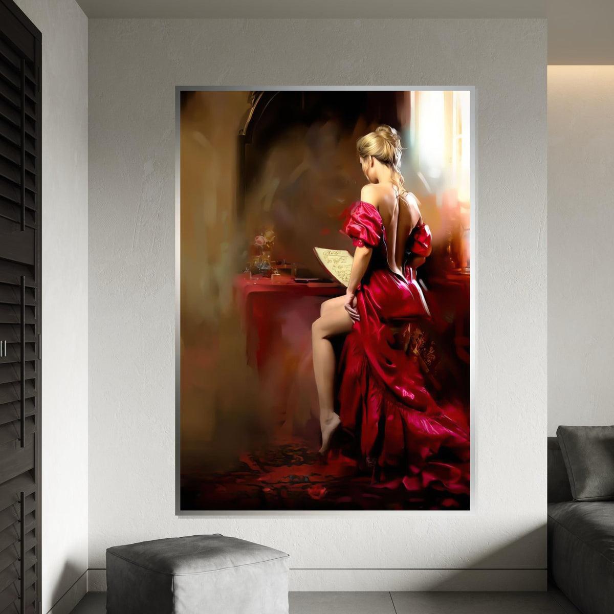 Elegant Lady in Red Canvas, Woman Reading Art, Glamorous Wall Art Canvas Design, Ready to Hang, Vintage Style Home Decor