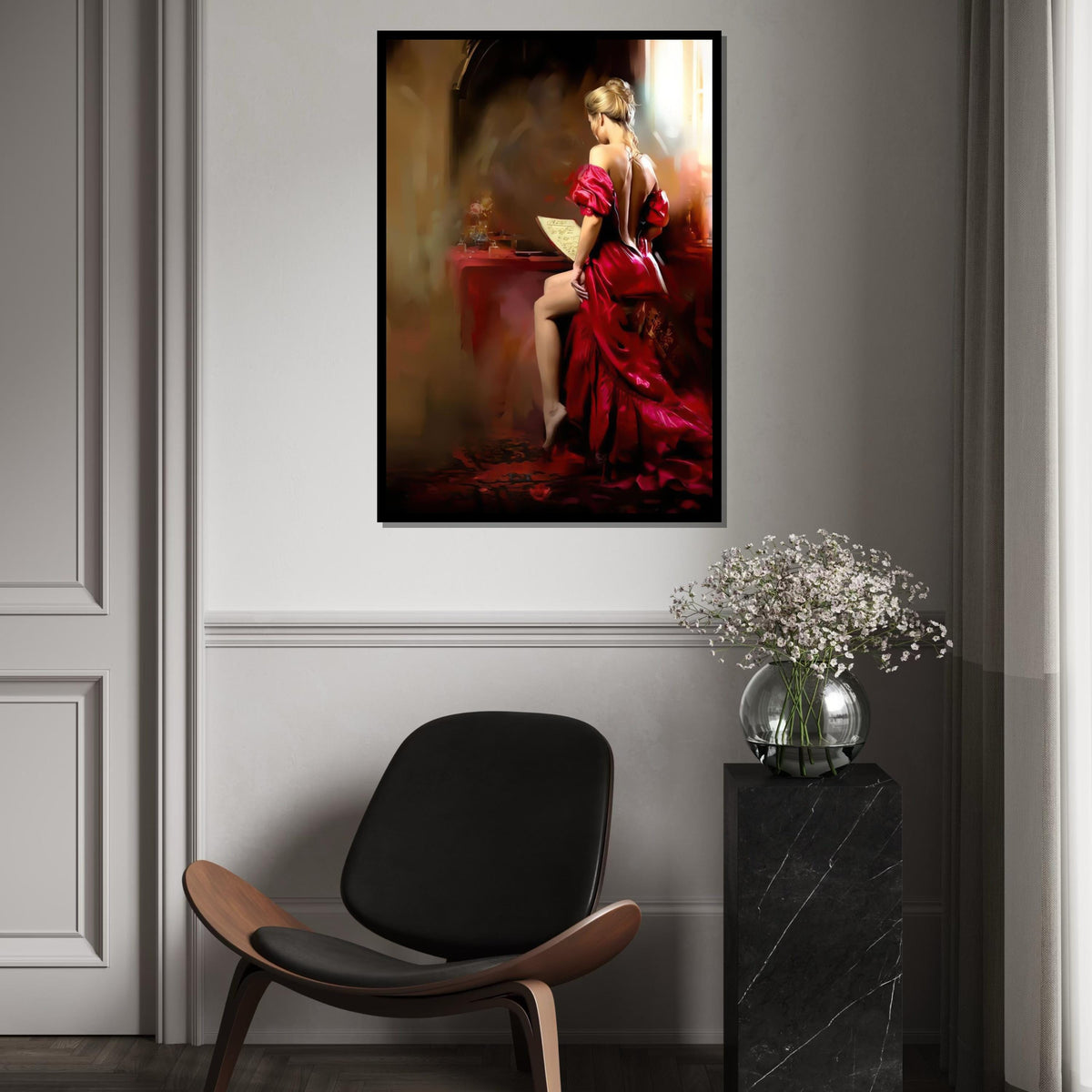 Elegant Lady in Red Canvas, Woman Reading Art, Glamorous Wall Art Canvas Design, Ready to Hang, Vintage Style Home Decor