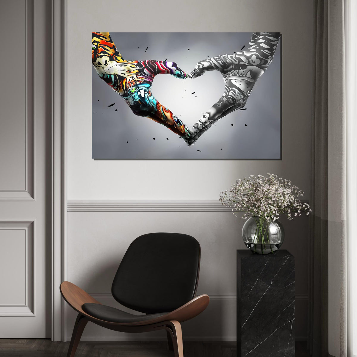 Heart Hands Graffiti, Colorful  Monochrome Art, Wall Art Canvas Design, Artistic Hand Decor, Ready To Hang Inspiration, Abstract Love