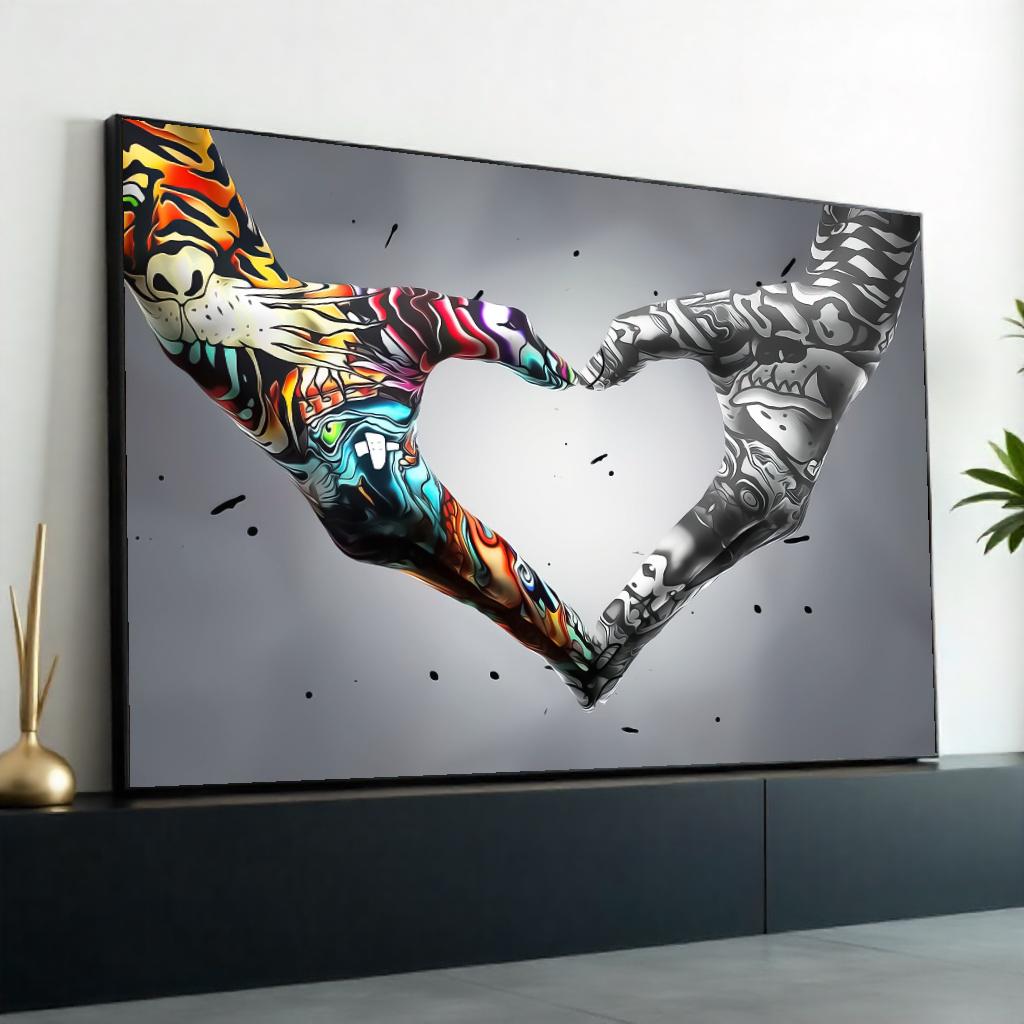 Heart Hands Graffiti, Colorful  Monochrome Art, Wall Art Canvas Design, Artistic Hand Decor, Ready To Hang Inspiration, Abstract Love